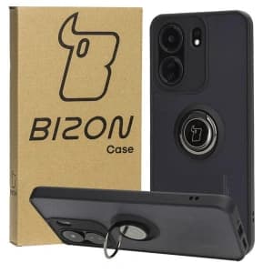 Etui z uchwytem na palec Bizon Case Hybrid Ring do Xiaomi Redmi 13C / Xiaomi Poco C65 przydymione z czarną ramką