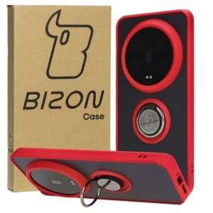 Etui z uchwytem na palec Bizon Case Hybrid Ring do Xiaomi 14 Ultra przydymione z czerwoną ramką