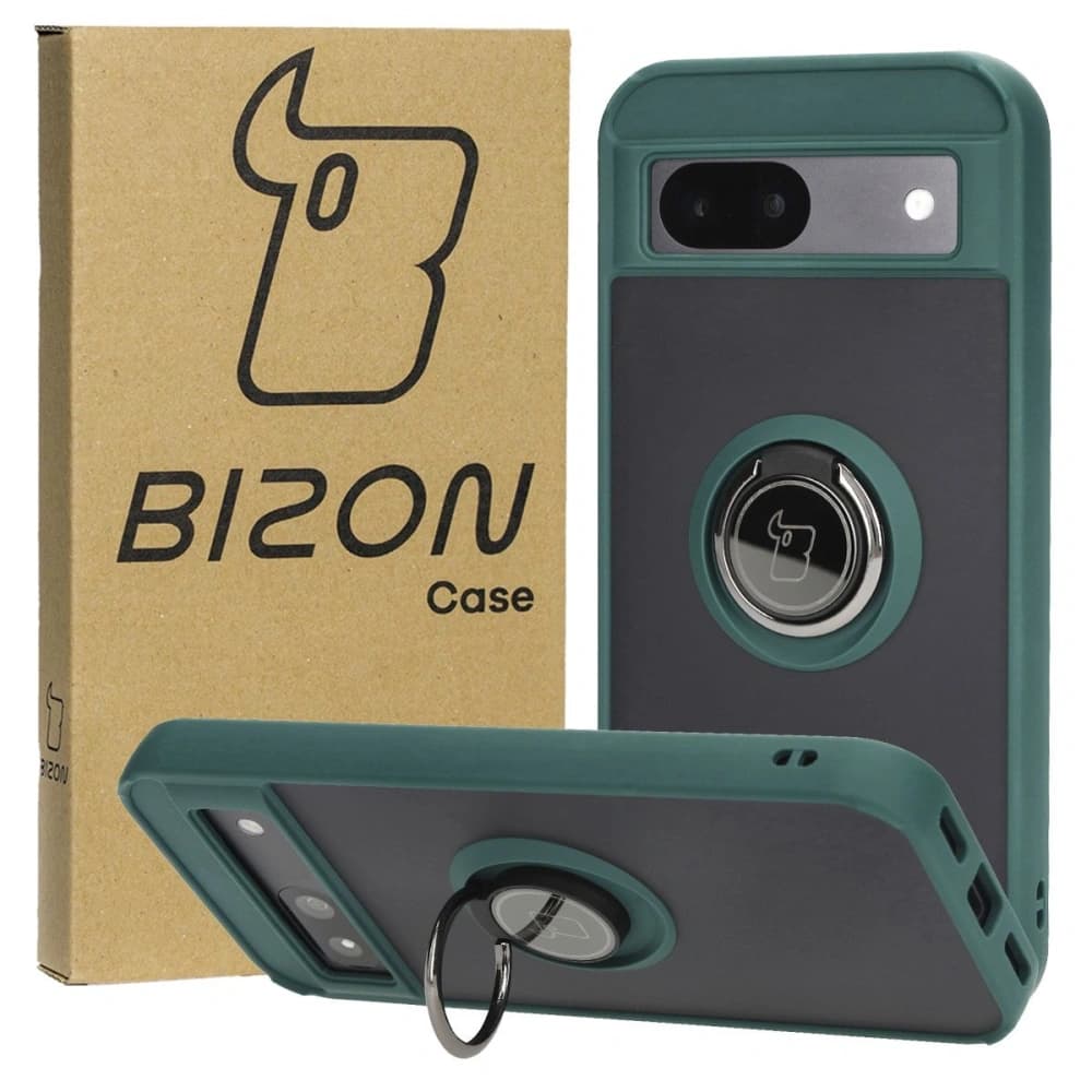 Etui z uchwytem na palec Bizon Case Hybrid Ring do Google Pixel 8a przydymione z ciemnozieloną ramką - 1