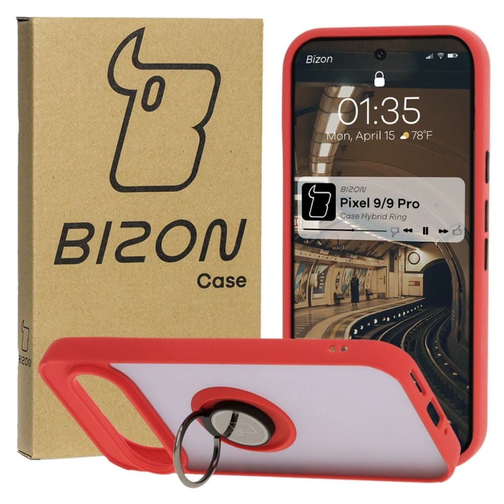 Etui z uchwytem na palec Bizon Case Hybrid Ring do Google Pixel 9 / 9 Pro przydymione z czerwoną ramką - 1
