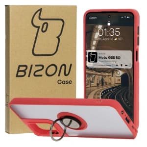 Etui s úchytem na prst Bizon Case Hybrid Ring pro Motorola Moto G55 5G kouřové s červeným rámem
