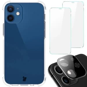 Bizon Case Clear Pack Hülle + 2x Displayschutzglas + Linsenschutzglas Apple iPhone 12 Mini klar