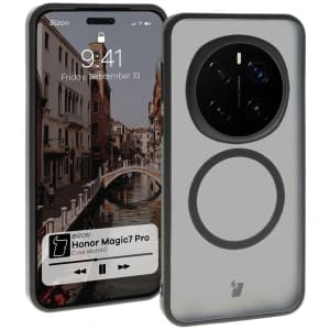 Etui s magnetickým kroužkem Bizon Case MatteO pro Honor Magic7 Pro poloprůhledné s černým rámem