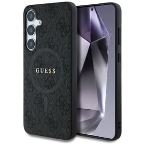 Guess Leder 4G Farbring Klassisches Logo MagSafe für Samsung Galaxy S25+ Plus schwarz