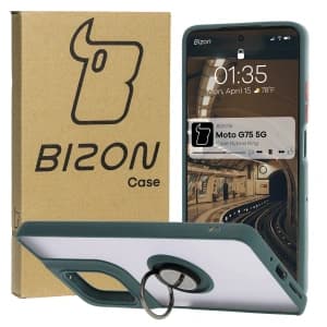 Bizon Case Hybrid Ring Motorola Moto G75 5G fumuriu cu un cadru verde închis