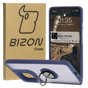 Bizon Case Hybrid Ring Motorola Moto G75 5G fumuriu cu un cadru albastru închis