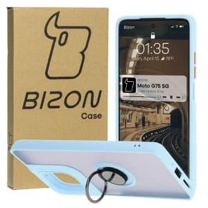 Bizon Case Hybrid Ring Motorola Moto G75 5G fumuriu cu un cadru bleu deschis