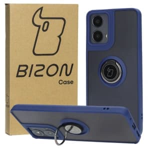 Etui s úchopem na prst Bizon Case Hybrid Ring pro Motorola Moto G04 / G24 / G24 Power kouřové s modrým rámem
