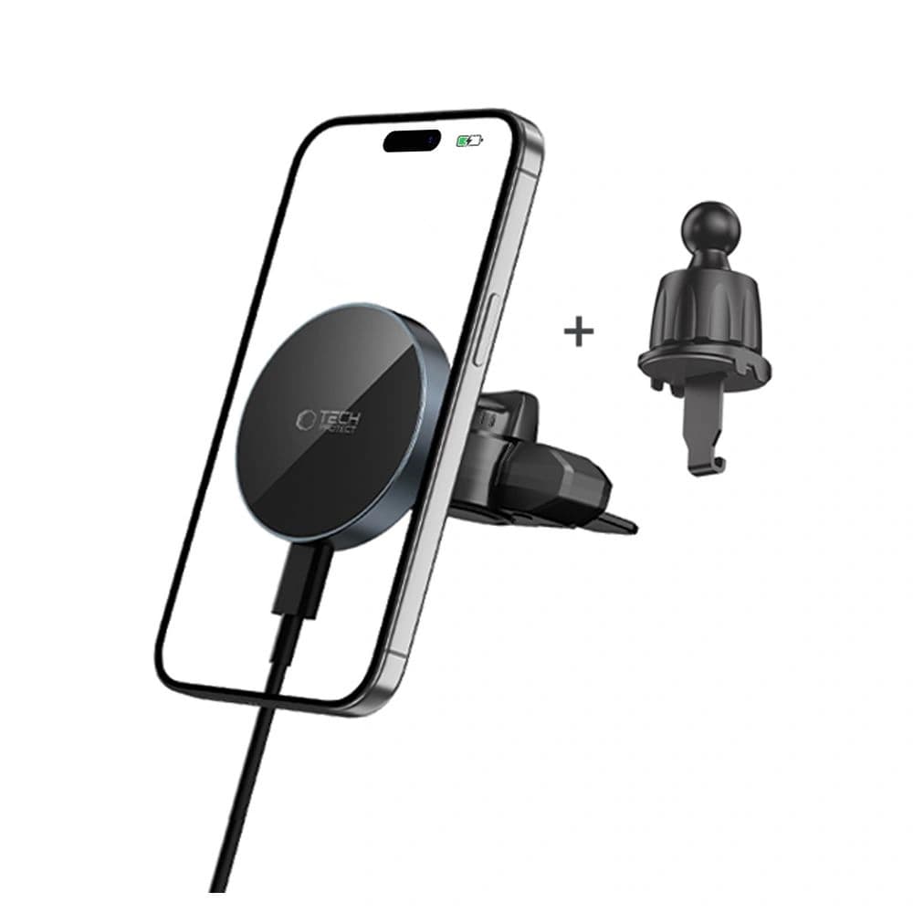 Uchwyt samochodowy do kratki / do gniazda CD z ładowarką 15W + 2x blaszki magnetyczne Tech-Protect MM15W-V5 Magnetic MagSafe CD & Vent Car Mount Wireless Charger 15W Black - 2