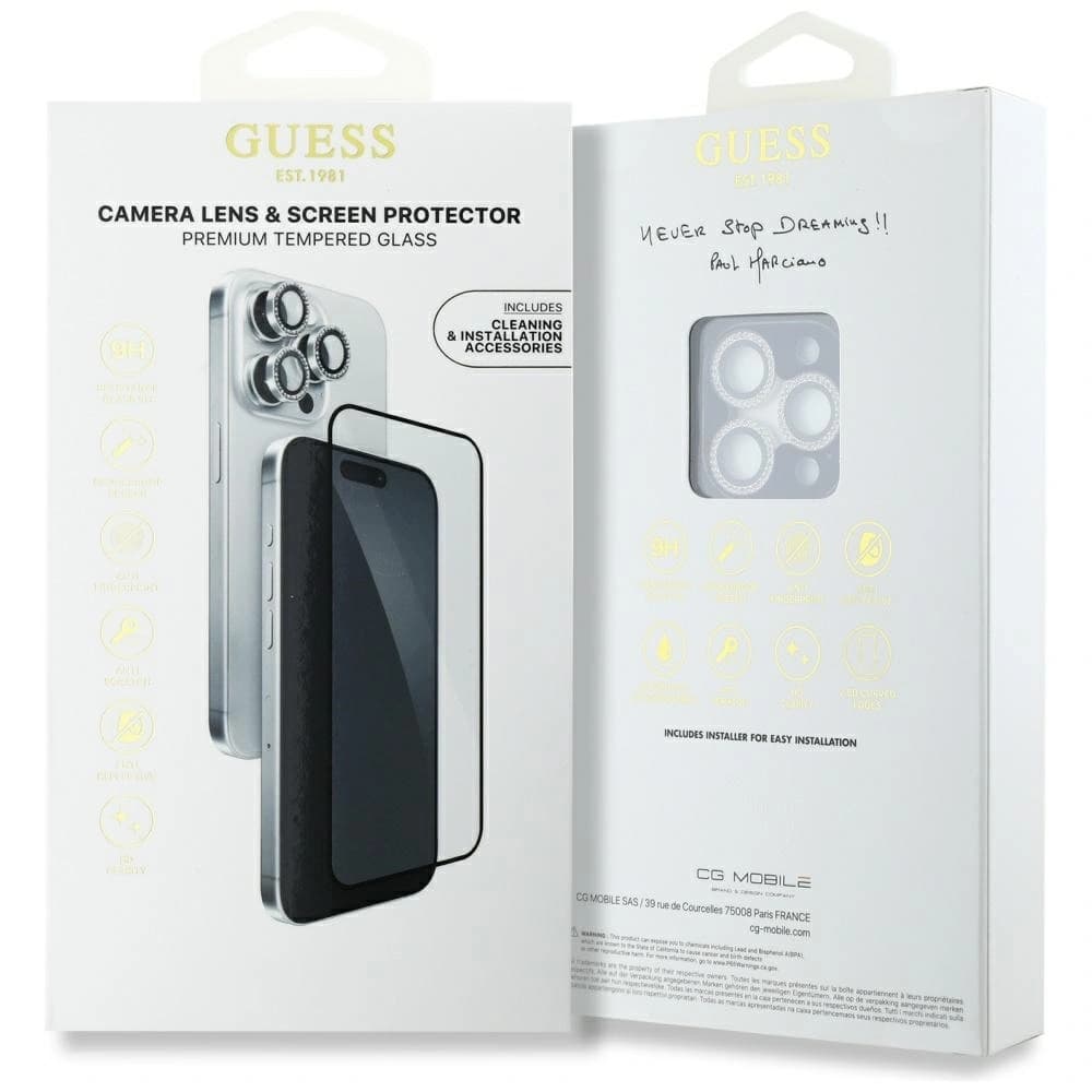 Guess BP Rhinestone 2in1 Set aus gehärtetem Glas + Linsenschutz Apple iPhone 16 Pro Max Silber - 4