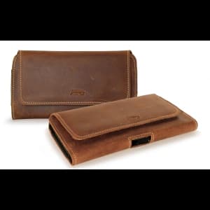 Skórzana kabura LURESKO FREYA XL do paska etui na telefon 165x82x10mm (brąz vintage biała nić)