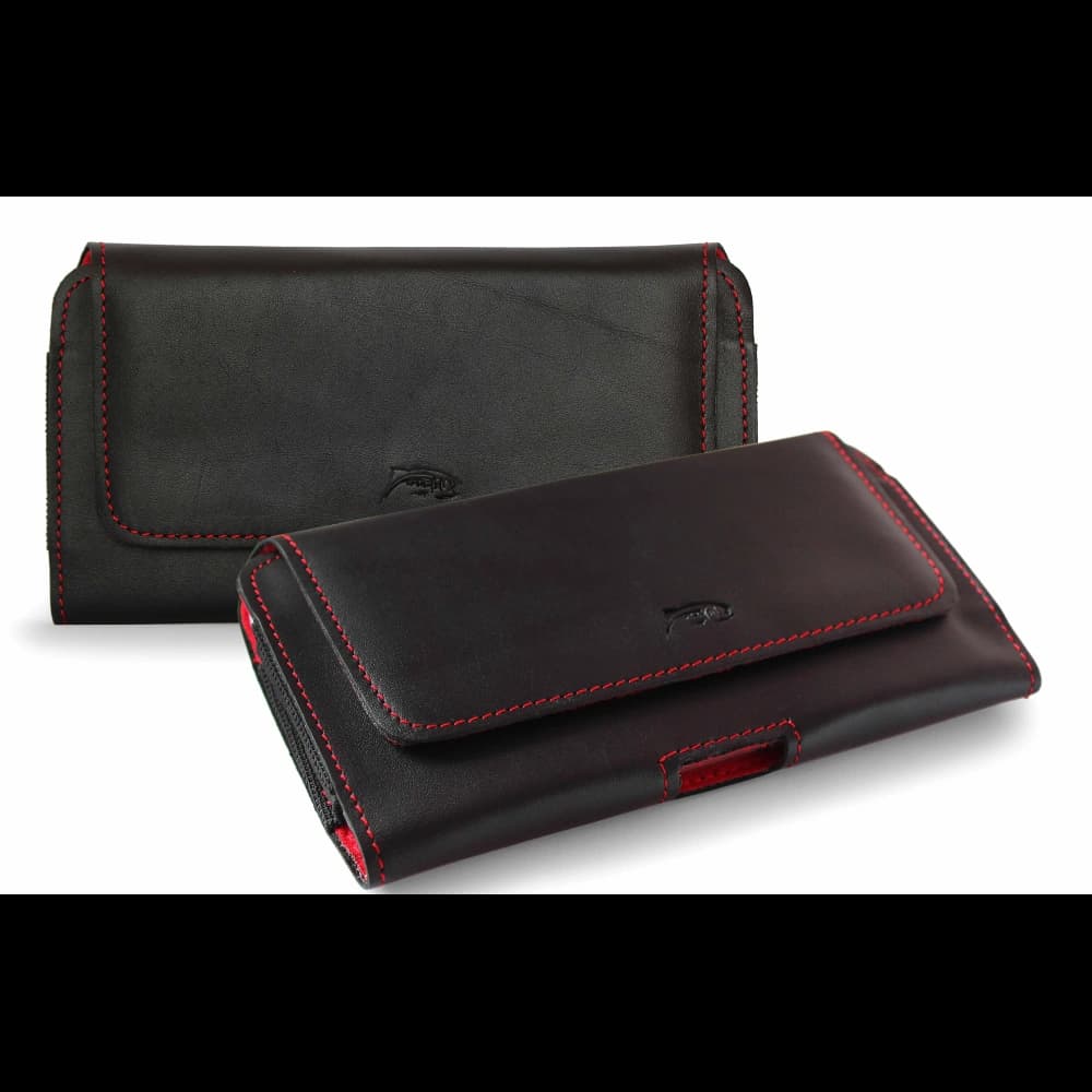LURESKO FREYA XL leather holster for belt, phone case 165x82x10mm (black smooth with red thread and red interior) - 1