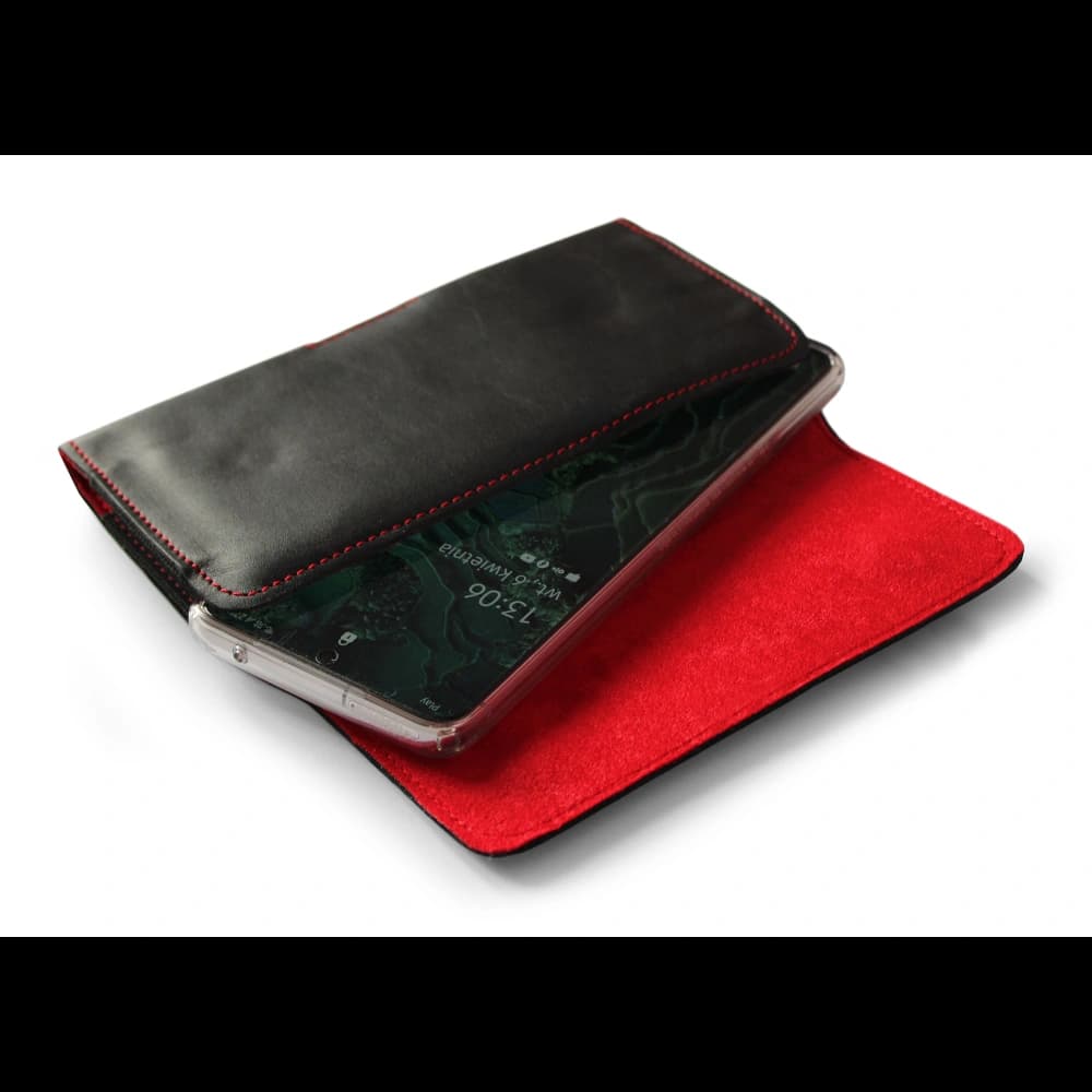 LURESKO FREYA XL leather holster for belt, phone case 165x82x10mm (black smooth with red thread and red interior) - 2