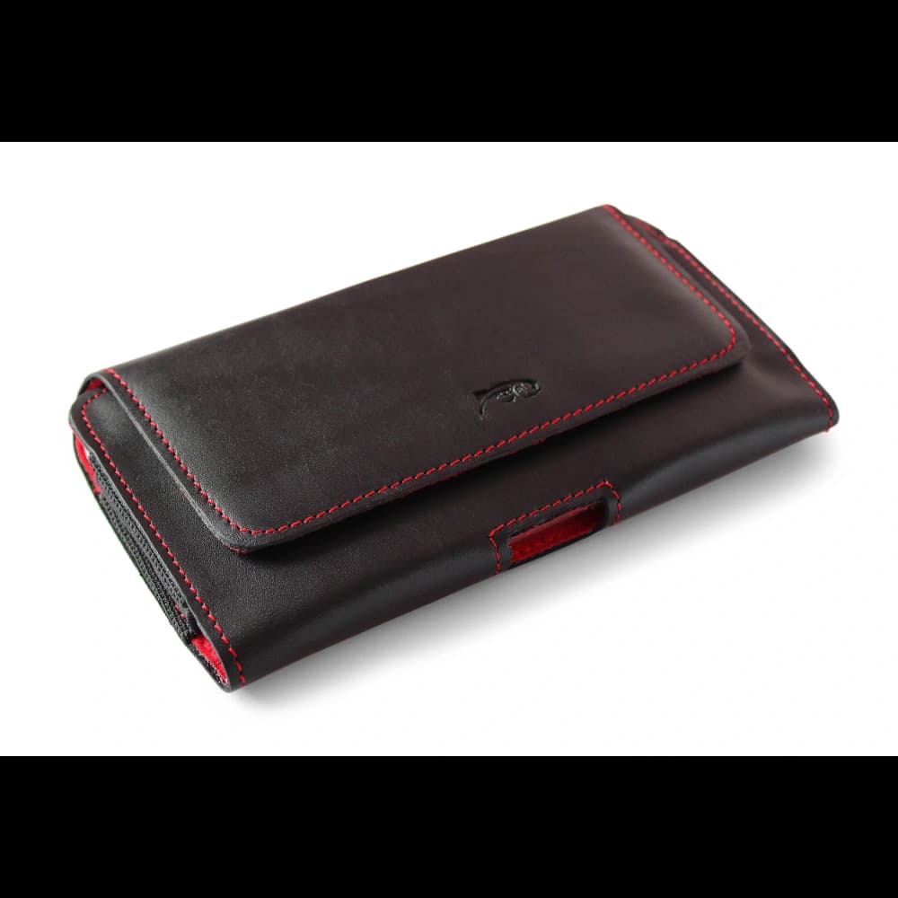 LURESKO FREYA XL leather holster for belt, phone case 165x82x10mm (black smooth with red thread and red interior) - 3