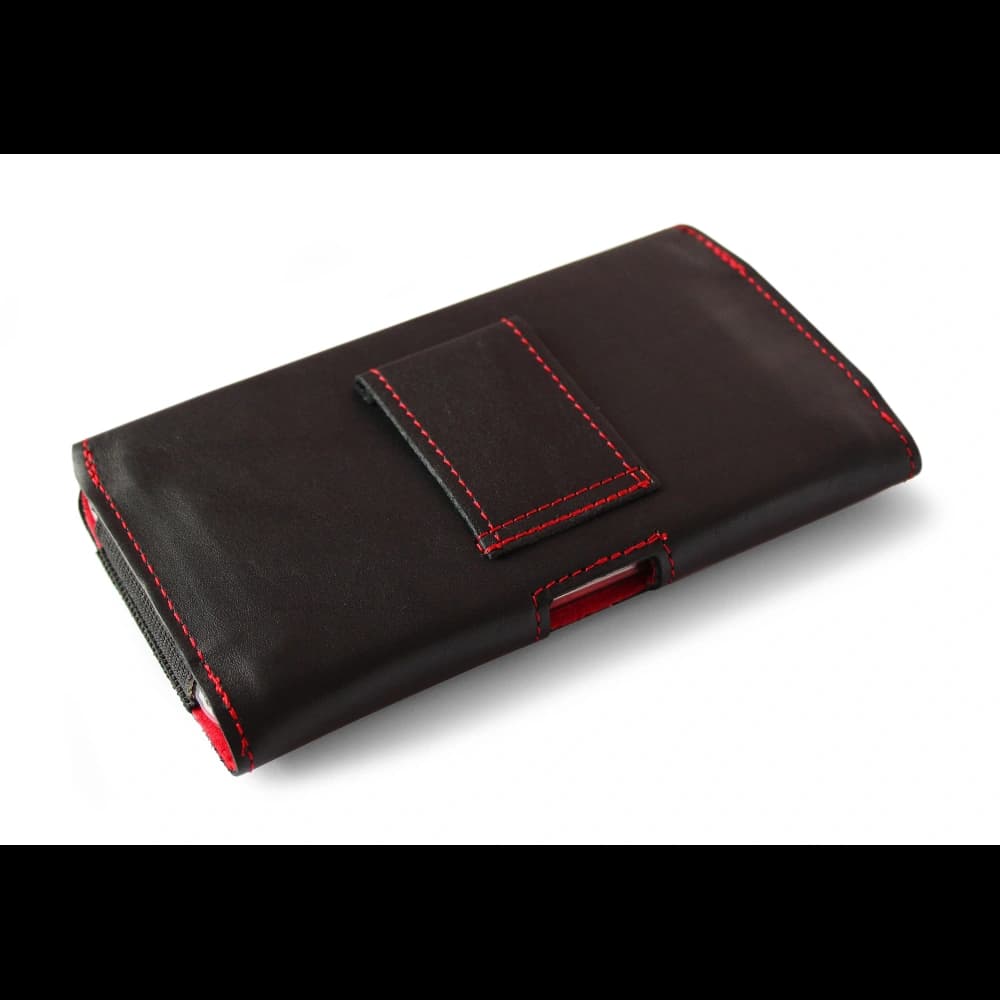 LURESKO FREYA XL leather holster for belt, phone case 165x82x10mm (black smooth with red thread and red interior) - 4