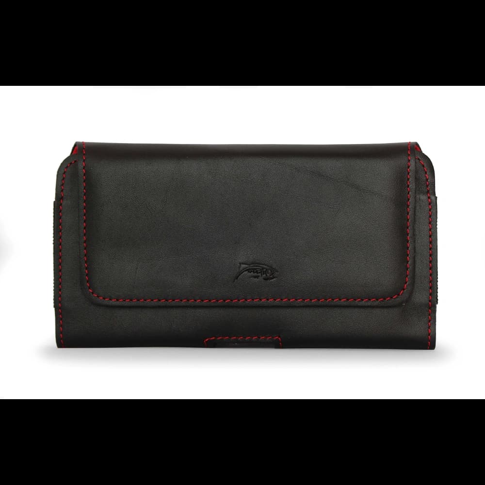 LURESKO FREYA XL leather holster for belt, phone case 165x82x10mm (black smooth with red thread and red interior) - 5
