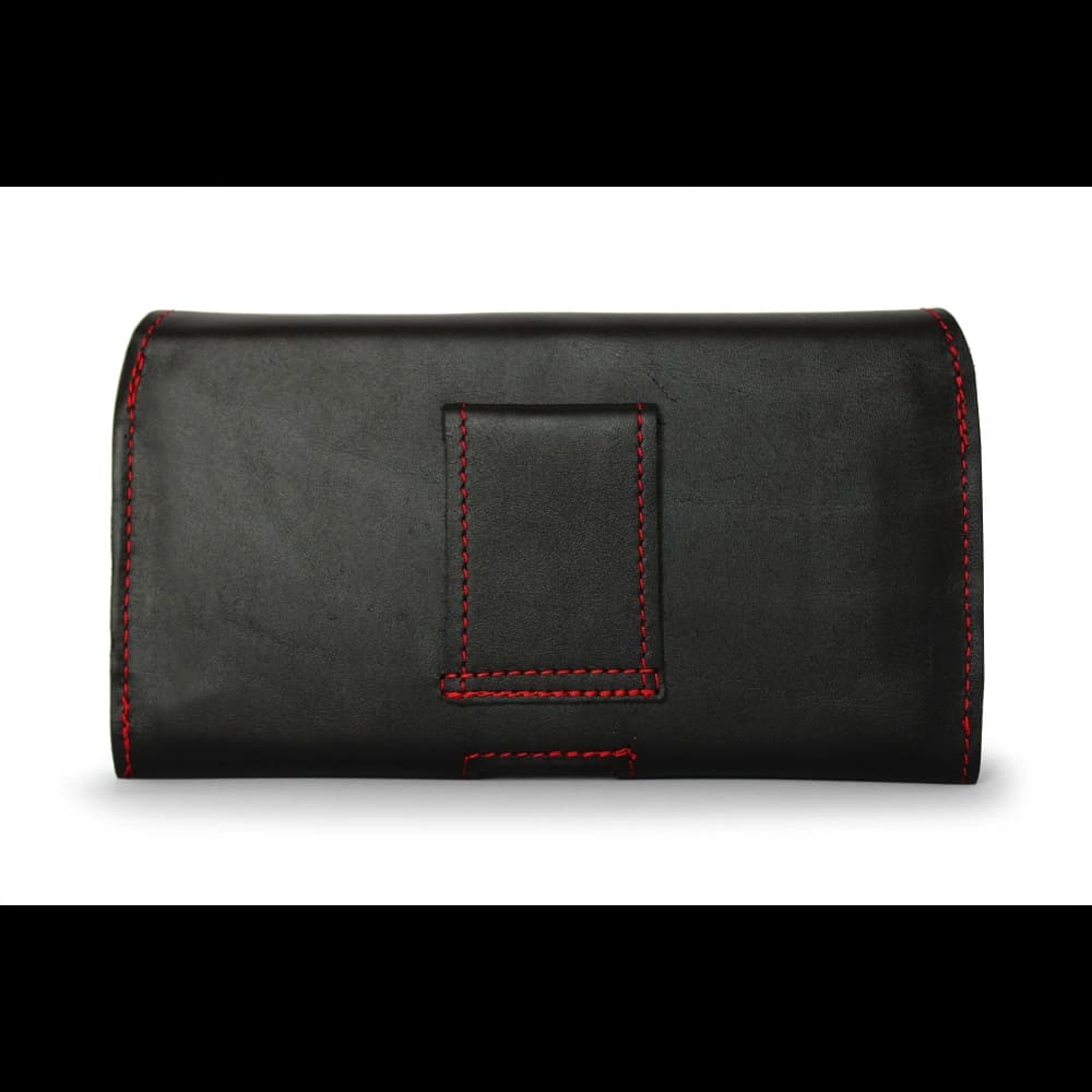 LURESKO FREYA XL leather holster for belt, phone case 165x82x10mm (black smooth with red thread and red interior) - 6