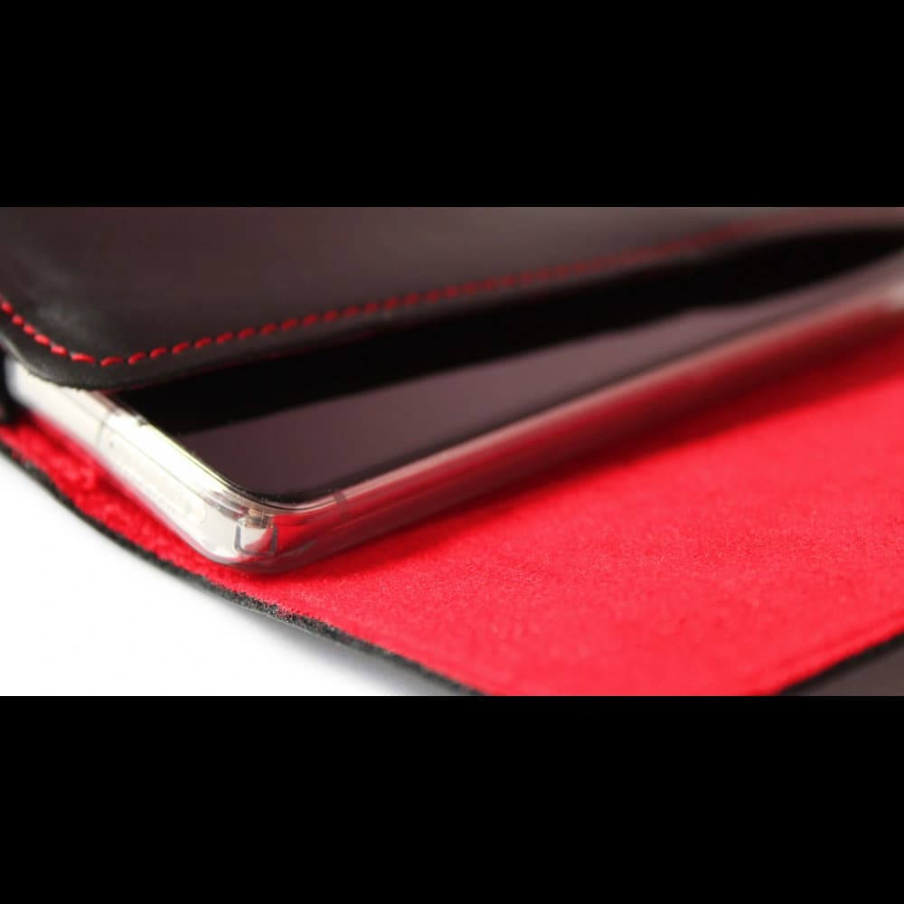 LURESKO FREYA XL leather holster for belt, phone case 165x82x10mm (black smooth with red thread and red interior) - 10