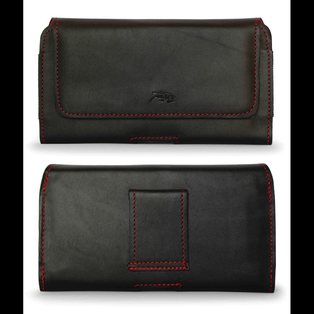 LURESKO FREYA XL leather holster for belt, phone case 165x82x10mm (black smooth with red thread and red interior) - 12