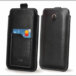 LURESKO ASTER 4XL universelle Lederhülle mit Schlaufe für einen Riemen, Einschub für ein Telefon bis zu 7' (glattes Schwarz mit weißen Nähten)