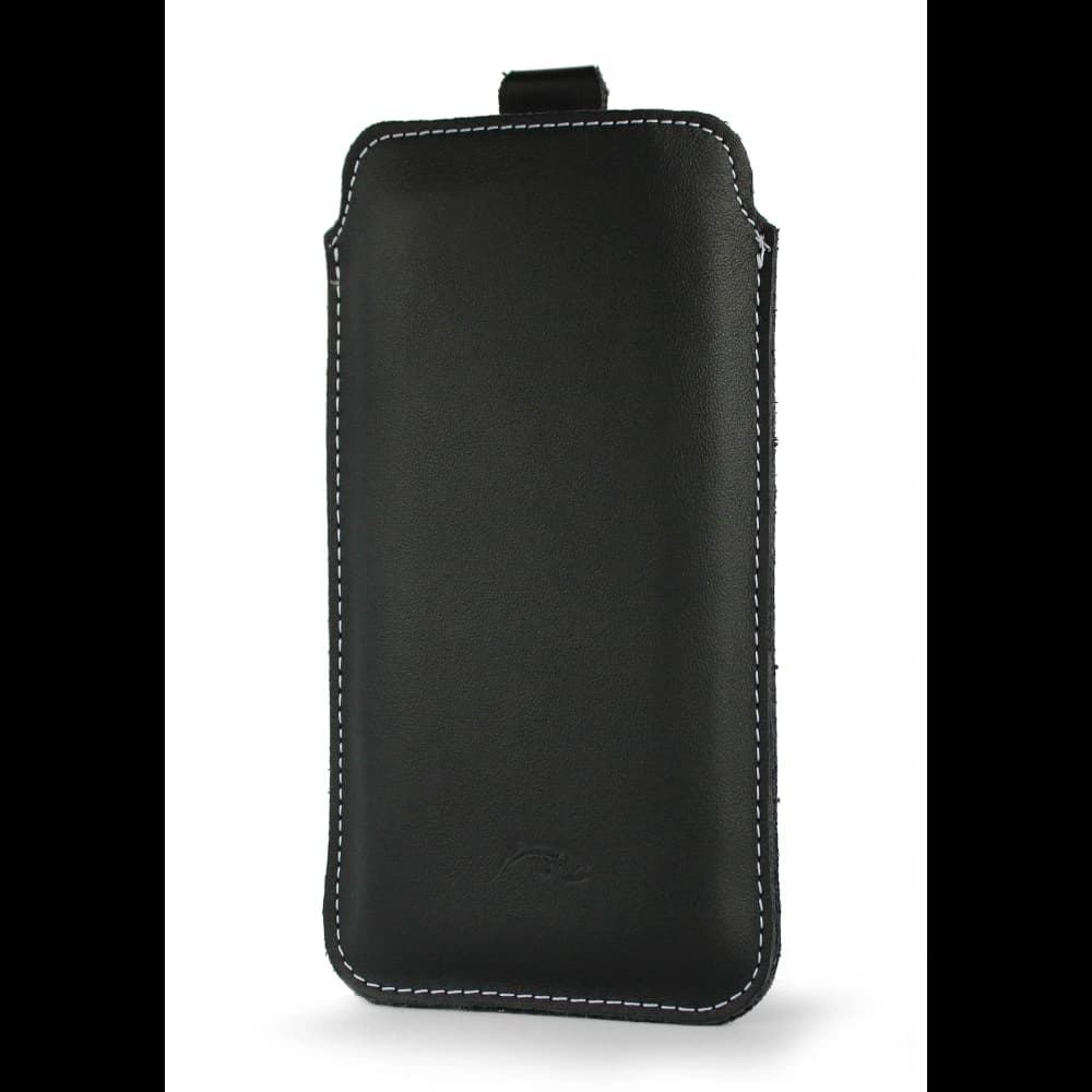 LURESKO LILLA XXL Lederhülle für Handys 5,8' - 6,1' (schwarz glatt mit weißen Nähten) - 6