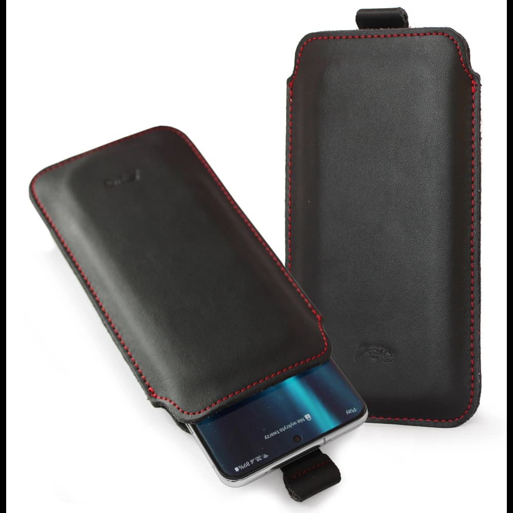 LURESKO LILLA XXXL Lederhülle für Telefon 6,5' - 6,9' (glattes Schwarz mit rotem Faden) - 1