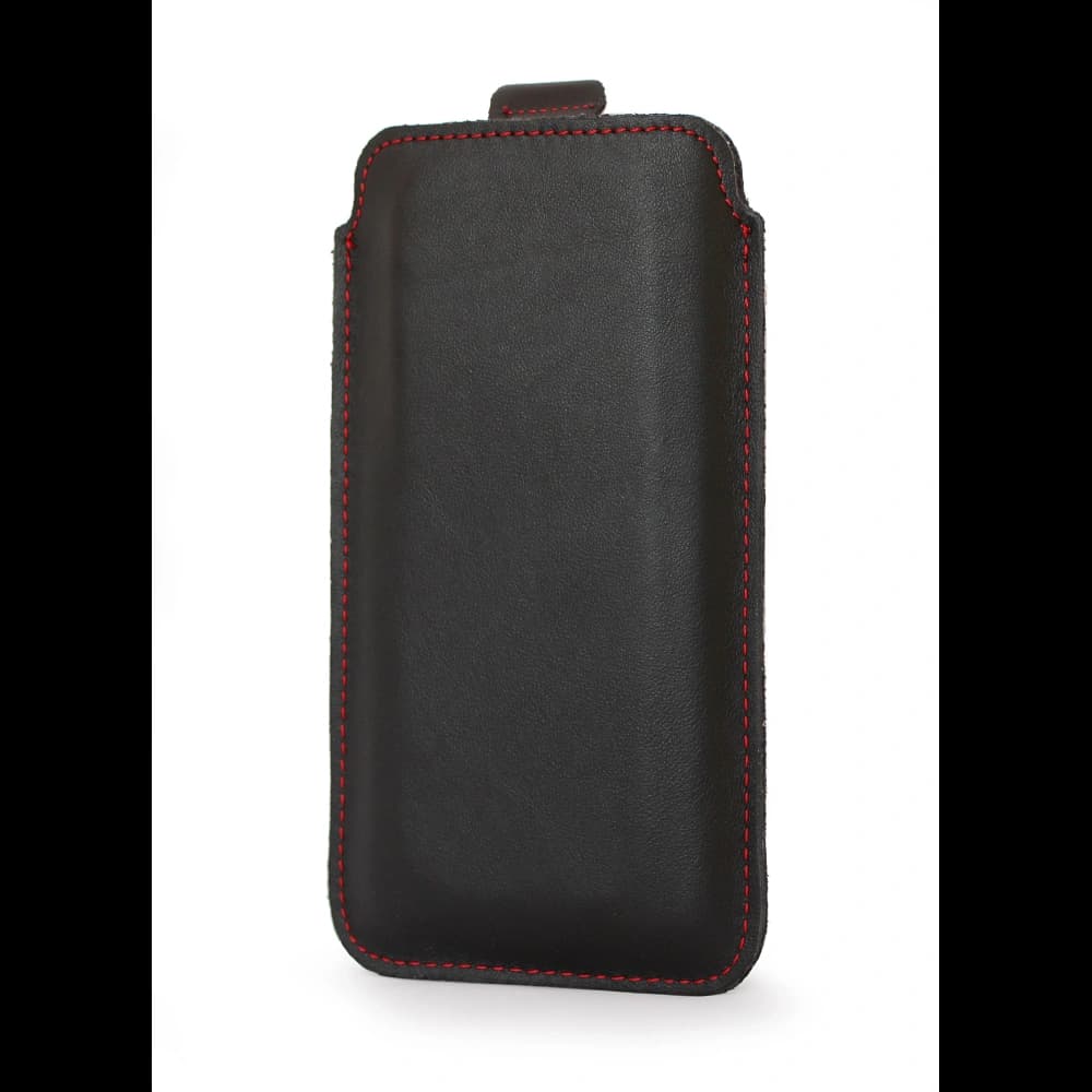 LURESKO LILLA XXXL Lederhülle für Telefon 6,5' - 6,9' (glattes Schwarz mit rotem Faden) - 7