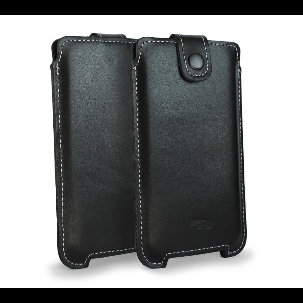 LURESKO SOFIJA XXXL Lederhülle universell mit einem Riemenverschluss (schwarz glatt mit weißen Nähten) - 1