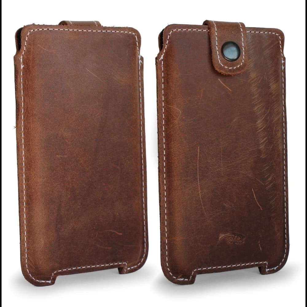 LURESKO SOFIJA XXXL Lederetui universal mit einem Riemenverschluss (Vintage-Braun mit weißen Nähten) - 14