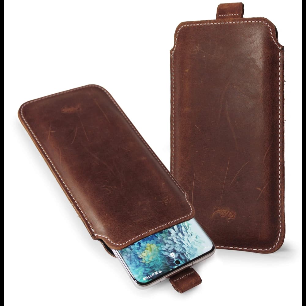 LURESKO NEUE LILLA XXXL Leder-Schutzhülle für Telefon 6,5' - 6,9' (vintage braun mit weißen Nähten) - 1