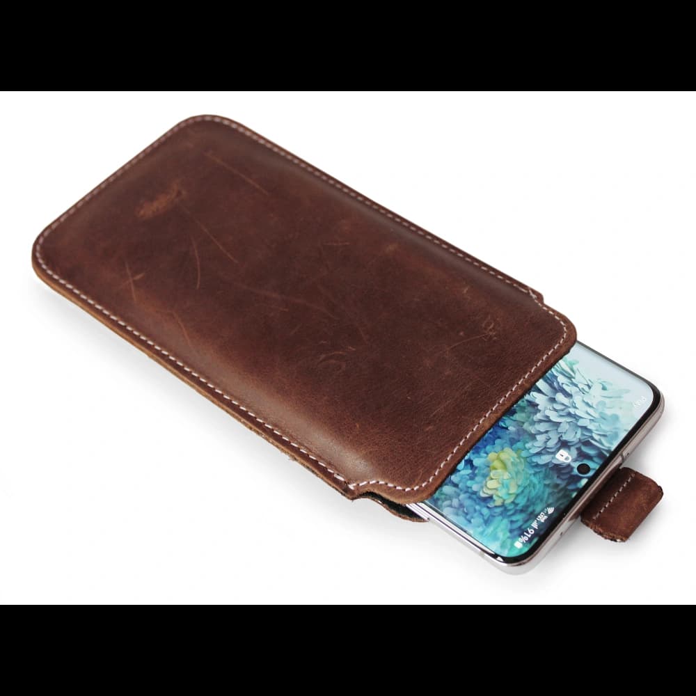 LURESKO NEUE LILLA XXXL Leder-Schutzhülle für Telefon 6,5' - 6,9' (vintage braun mit weißen Nähten) - 4