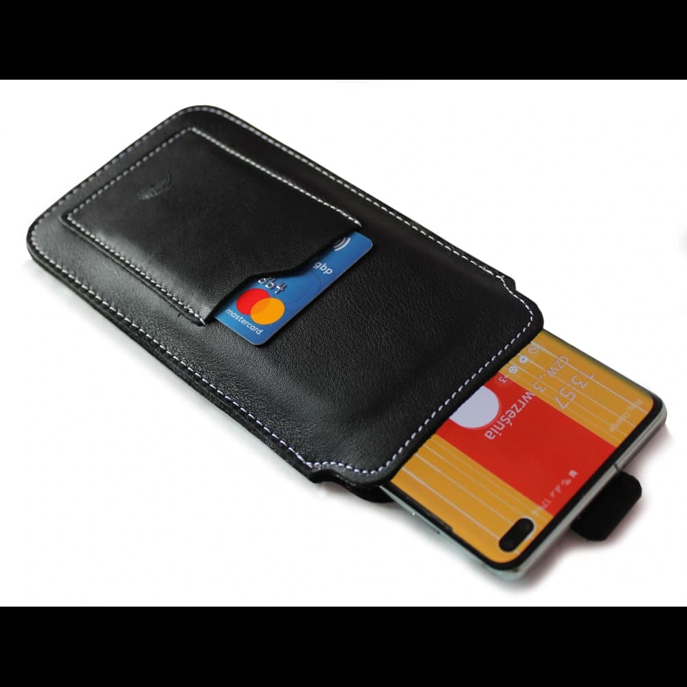 LURESKO NEUE ASTER XXXL universelle Lederhülle mit Schlaufe für ein Band für Handys 6,5' - 6,9' (schwarz glatt mit weißen Nähten) - 4