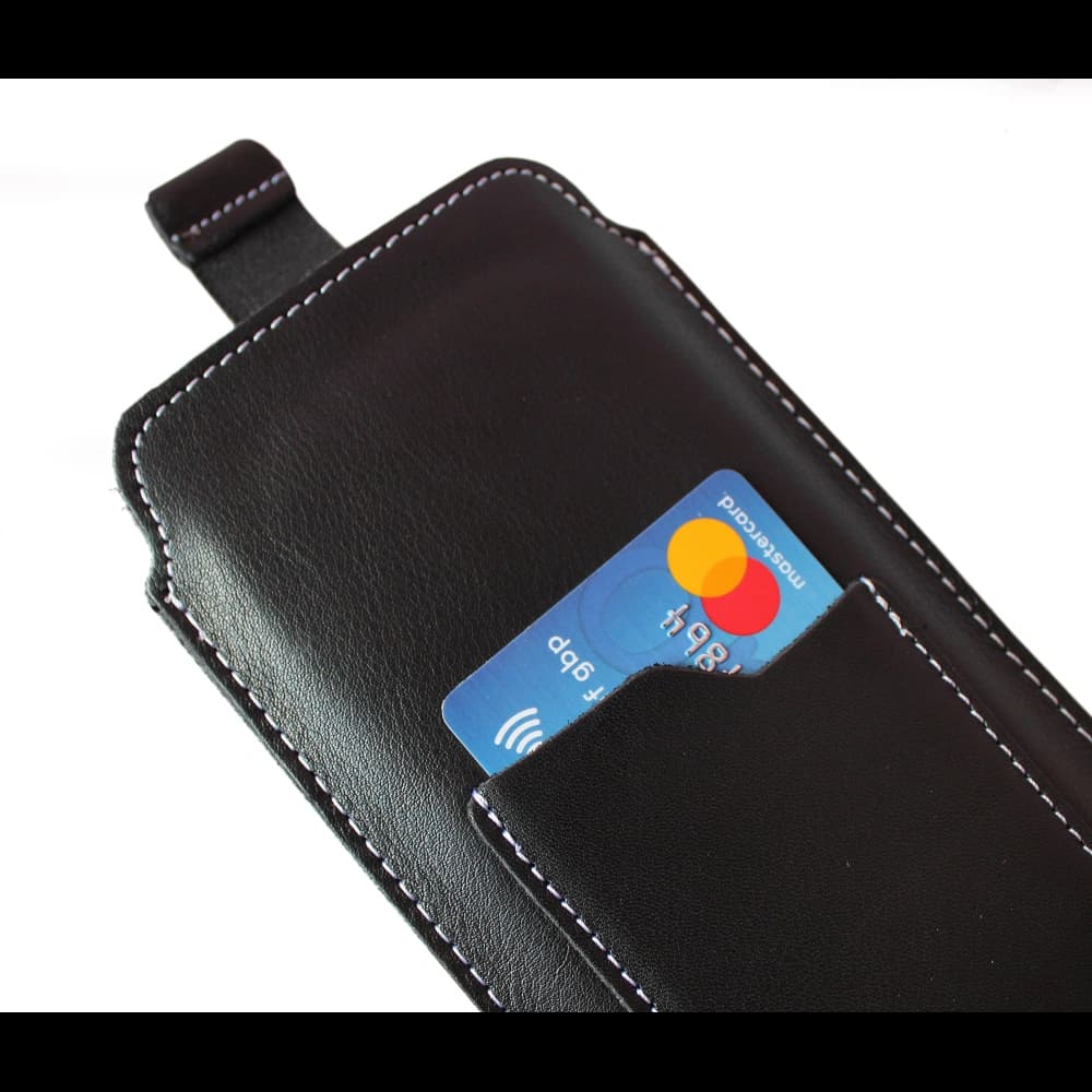 LURESKO NEUE ASTER XXXL universelle Lederhülle mit Schlaufe für ein Band für Handys 6,5' - 6,9' (schwarz glatt mit weißen Nähten) - 5