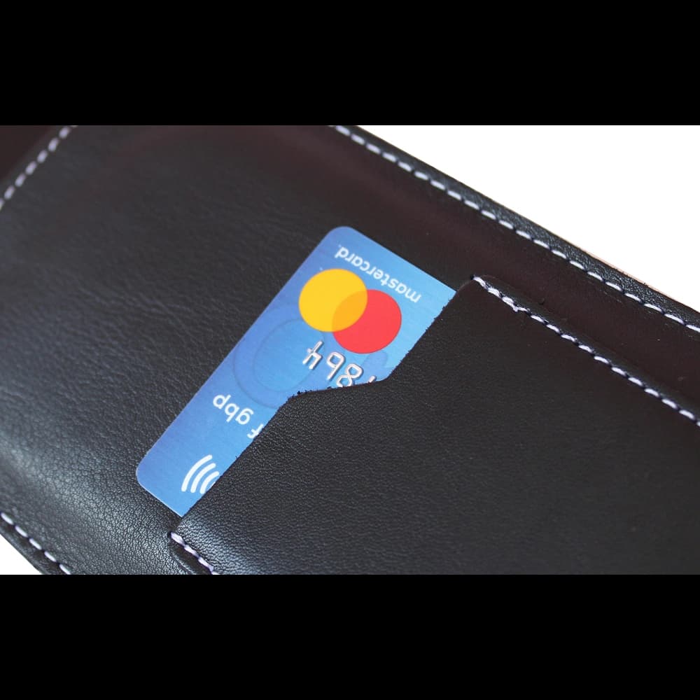 LURESKO NEUE ASTER XXXL universelle Lederhülle mit Schlaufe für ein Band für Handys 6,5' - 6,9' (schwarz glatt mit weißen Nähten) - 8