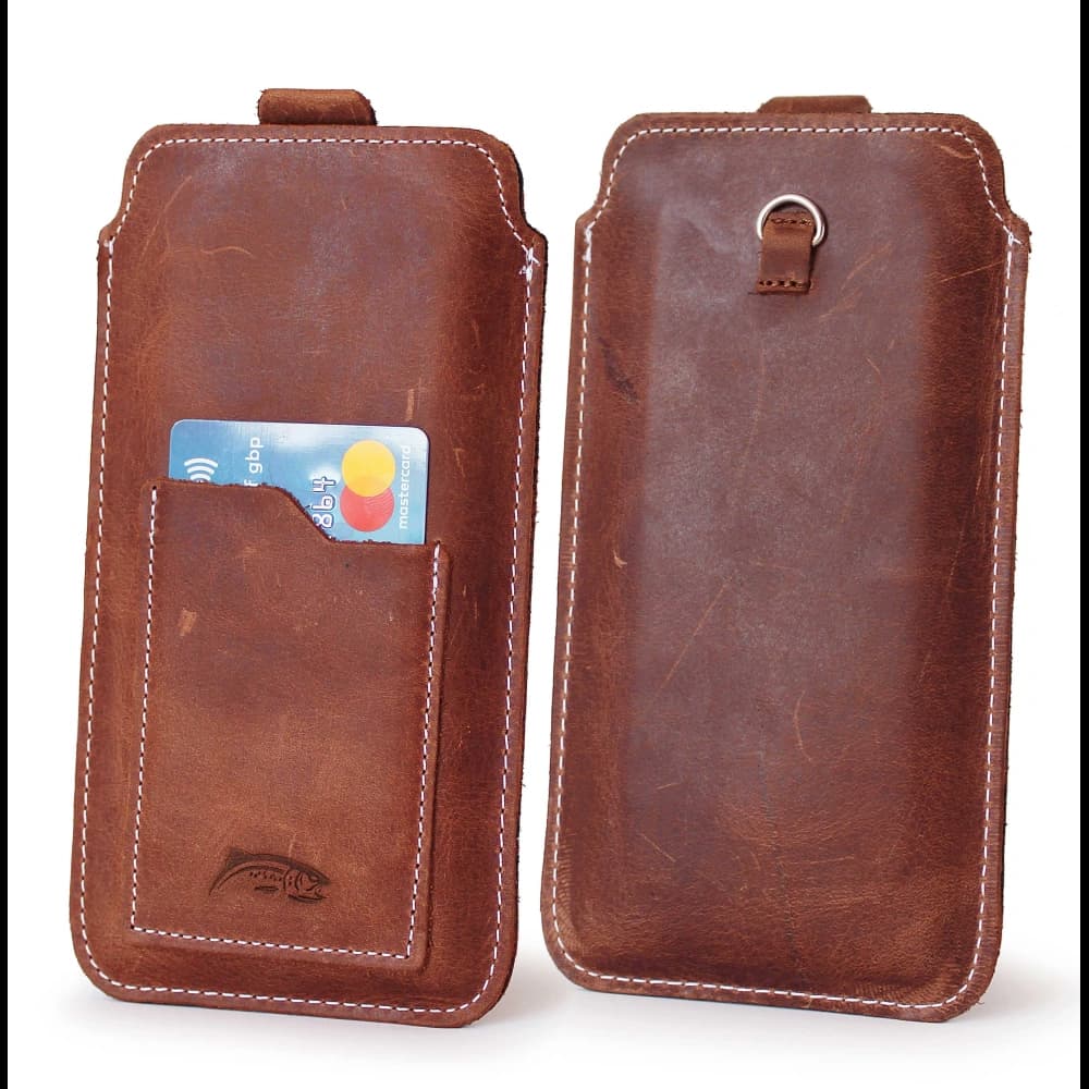 LURESKO NEW ASTER XXXL universal leather case with a loop for a lanyard for phone sizes 6.5' - 6.9' (vintage brown with white thread) - 1