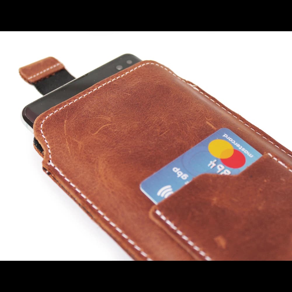 LURESKO NEW ASTER XXXL universal leather case with a loop for a lanyard for phone sizes 6.5' - 6.9' (vintage brown with white thread) - 4