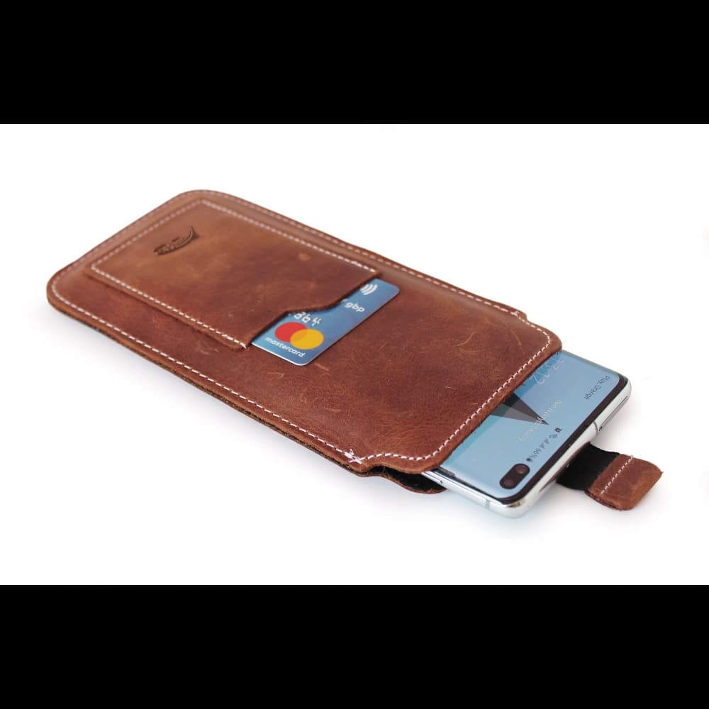 LURESKO NEW ASTER XXXL universal leather case with a loop for a lanyard for phone sizes 6.5' - 6.9' (vintage brown with white thread) - 5