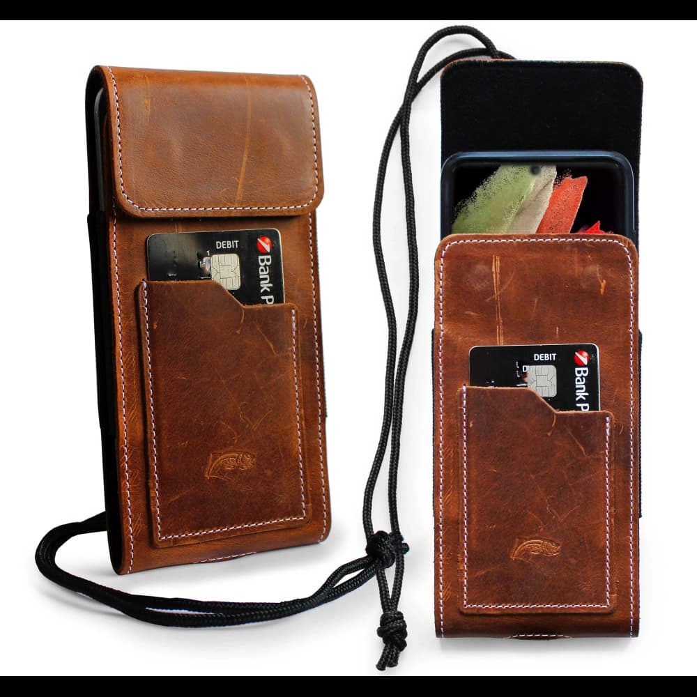 LURESKO HECTOR XXL R XXL Lederhals- / Gürteltasche / Loop Holster vertikal 167x78x10mm (helles Vintage-Braun mit weißen Nähten) - 2