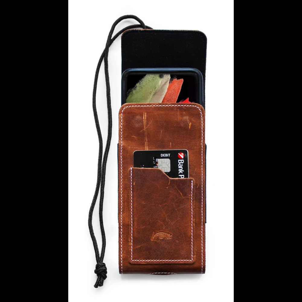 LURESKO HECTOR XXL R XXL Lederhals- / Gürteltasche / Loop Holster vertikal 167x78x10mm (helles Vintage-Braun mit weißen Nähten) - 5