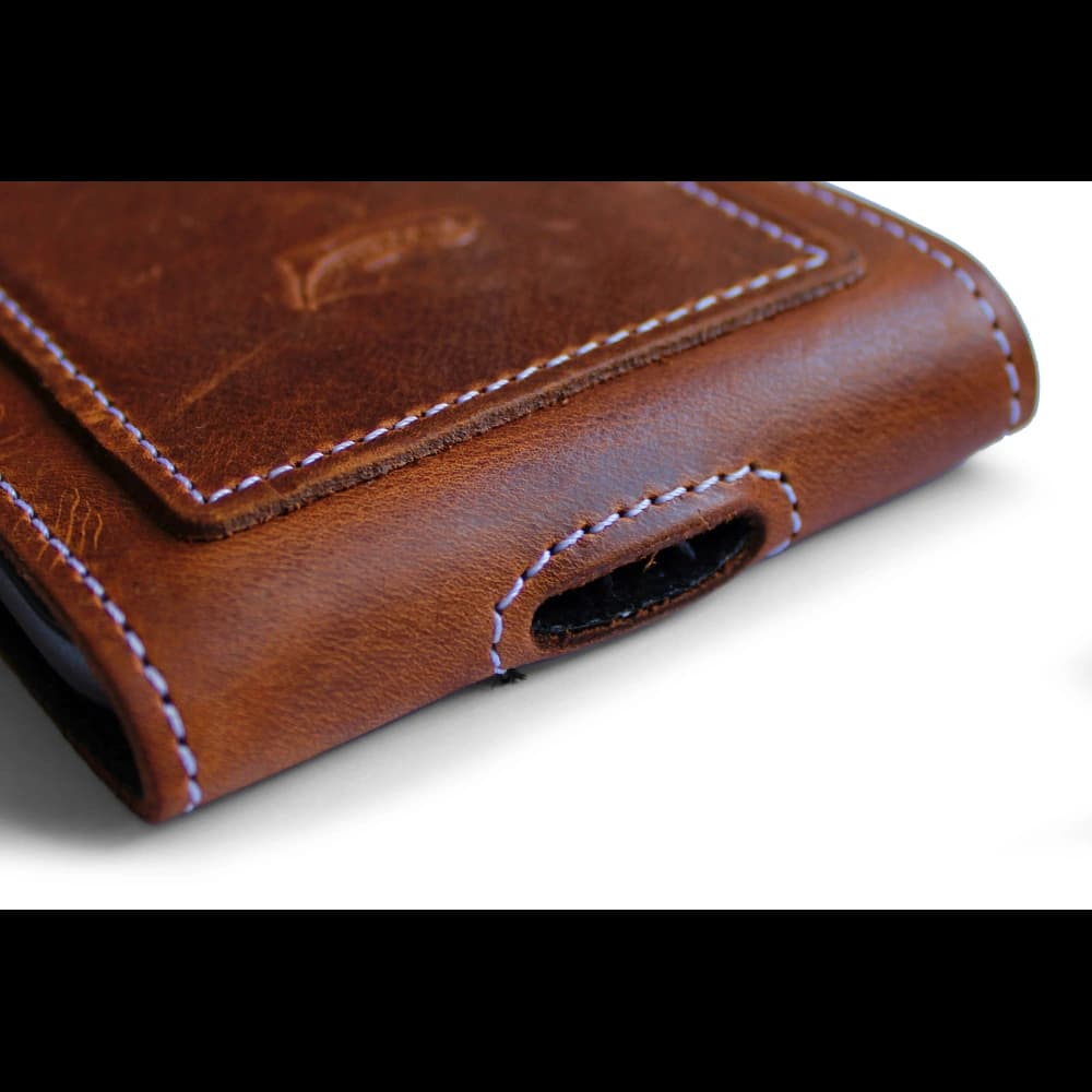 LURESKO HECTOR XXL R XXL Lederhals- / Gürteltasche / Loop Holster vertikal 167x78x10mm (helles Vintage-Braun mit weißen Nähten) - 7