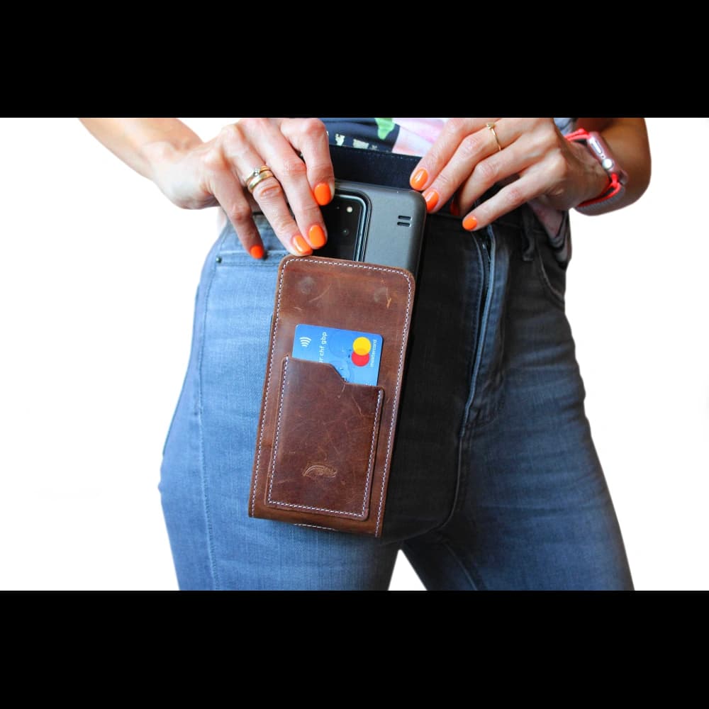 LURESKO HECTOR XXL R XXL Lederhals- / Gürteltasche / Loop Holster vertikal 167x78x10mm (helles Vintage-Braun mit weißen Nähten) - 15