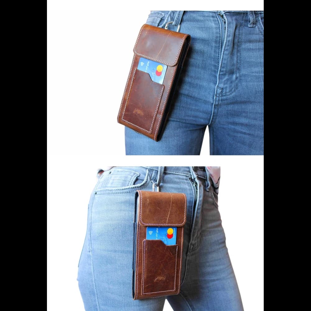 LURESKO HECTOR XXL R XXL Lederhals- / Gürteltasche / Loop Holster vertikal 167x78x10mm (helles Vintage-Braun mit weißen Nähten) - 16