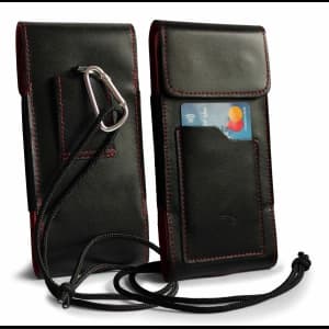 LURESKO HECTOR XXL leather neck case / belt case / loop holster vertical 167x78x10mm (black smooth red thread red interior)