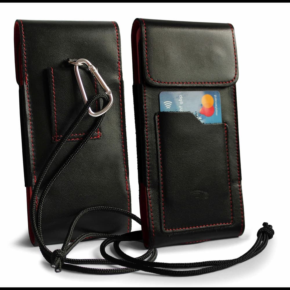 LURESKO HECTOR XXL Lederhülle / Gürteltasche / Loop Holster vertikal 167x78x10mm (schwarz glatt mit roten Nähten und rotem Innenfutter) - 1