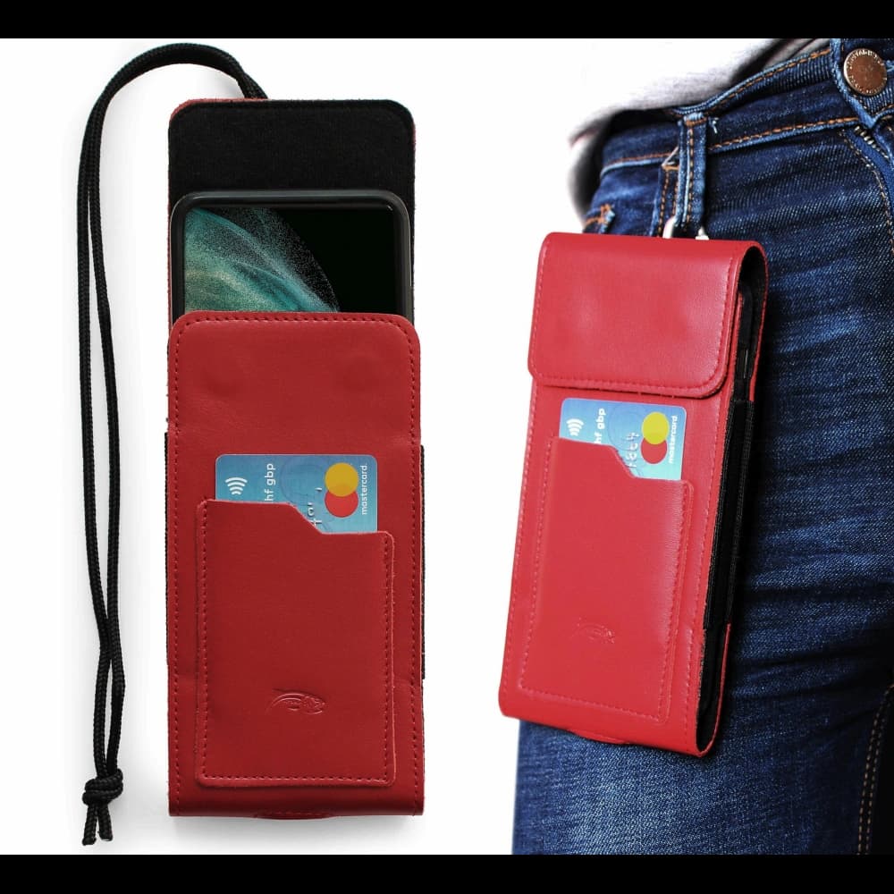 LURESKO HECTOR XXL Lederhals-Case / Gürteltasche / vertikaler Loop-Holster 167x78x10mm (rot glatt mit rotem Faden) - 11