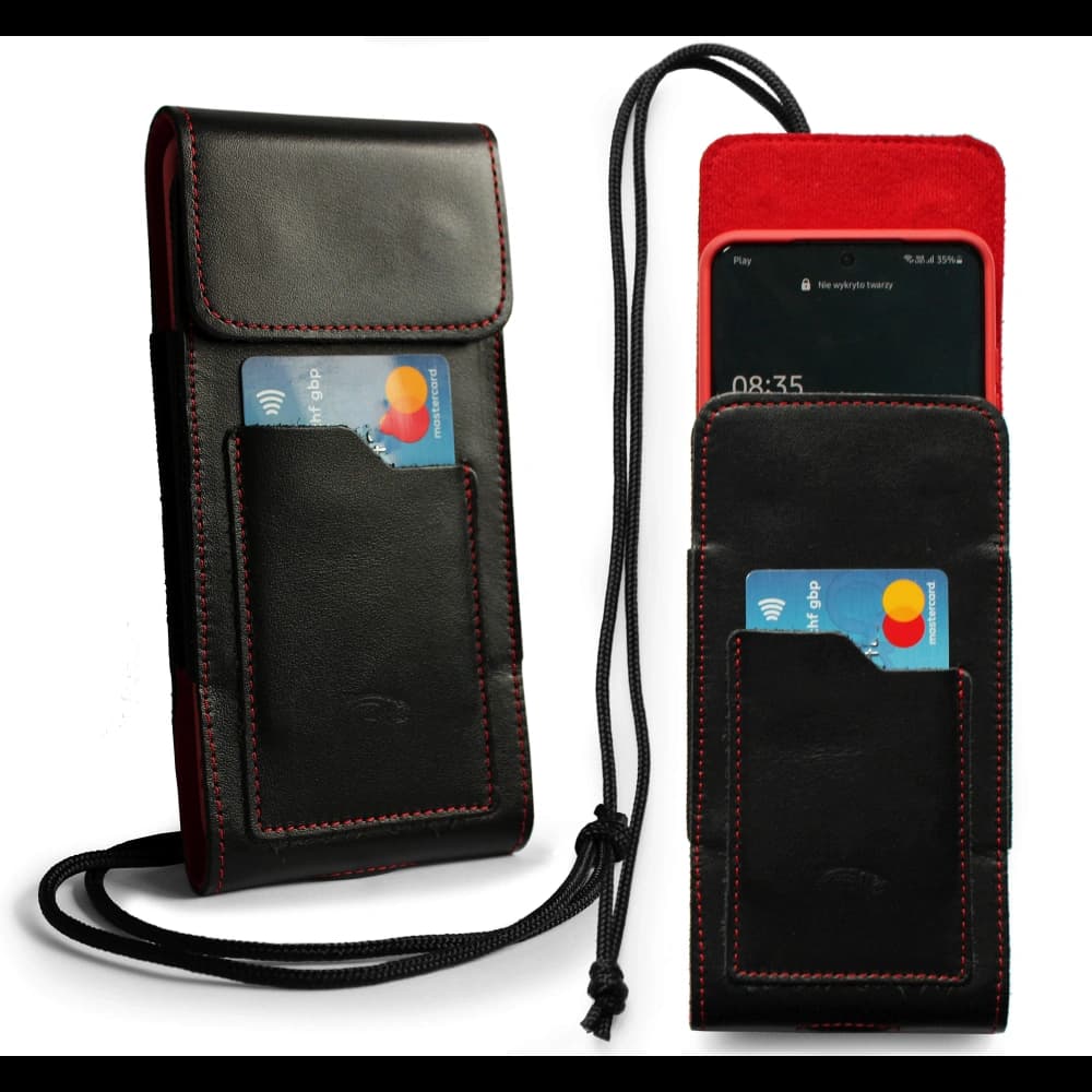 LURESKO HECTOR XXL Lederhülle / Gürteltasche / Loop Holster vertikal 167x78x10mm (schwarz glatt mit roten Nähten und rotem Innenfutter) - 2