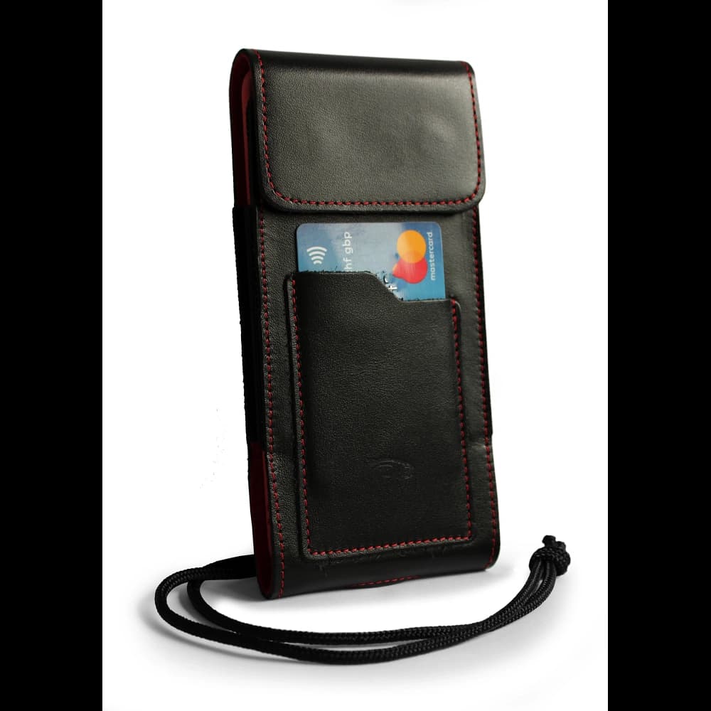 LURESKO HECTOR XXL Lederhülle / Gürteltasche / Loop Holster vertikal 167x78x10mm (schwarz glatt mit roten Nähten und rotem Innenfutter) - 3