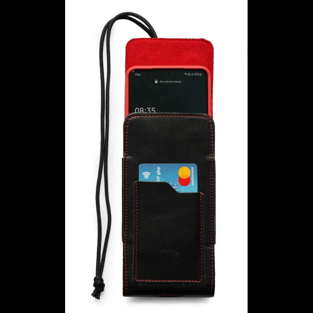 LURESKO HECTOR XXL Lederhülle / Gürteltasche / Loop Holster vertikal 167x78x10mm (schwarz glatt mit roten Nähten und rotem Innenfutter) - 5