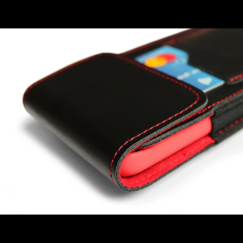 LURESKO HECTOR XXL Lederhülle / Gürteltasche / Loop Holster vertikal 167x78x10mm (schwarz glatt mit roten Nähten und rotem Innenfutter) - 9