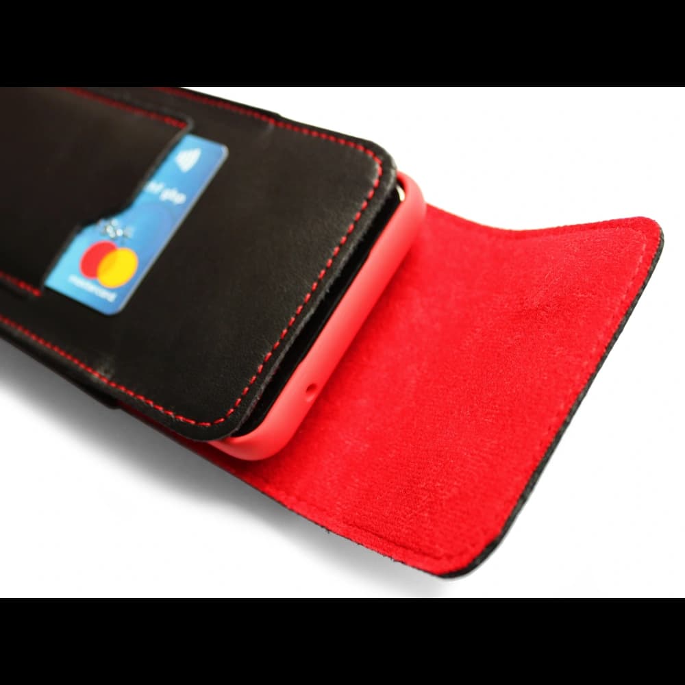 LURESKO HECTOR XXL Lederhülle / Gürteltasche / Loop Holster vertikal 167x78x10mm (schwarz glatt mit roten Nähten und rotem Innenfutter) - 10